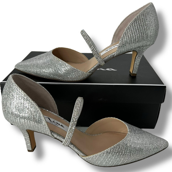 NEW Nina Silver Pumps Size 7 Rhinestone Glitter Pointed Toe Fancy Heels - Picture 1 of 13